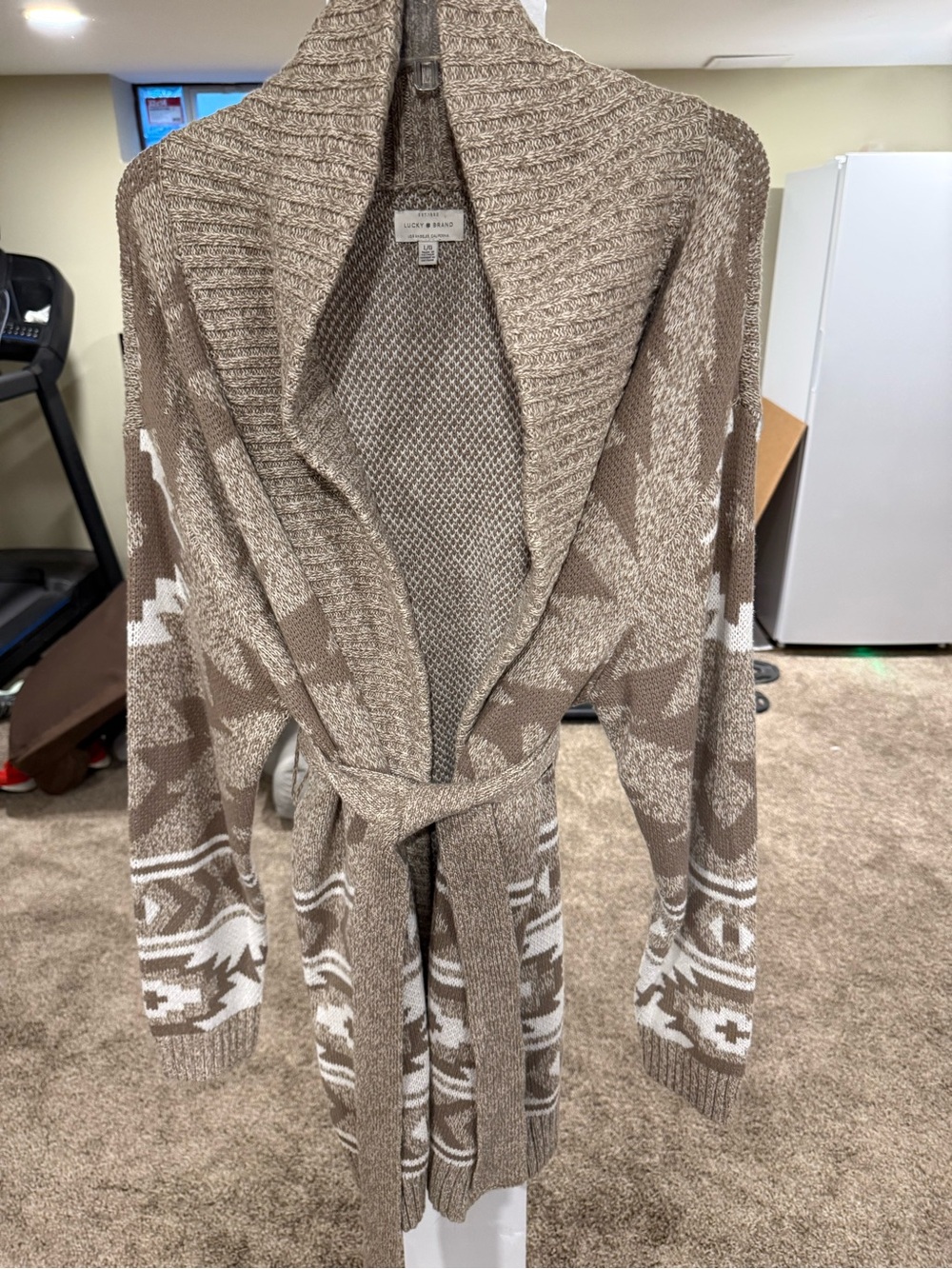 NWOT Lucky Brand Western/Aztec Brown and Cream Cardigan w/ Waist Tie - Picture 2 of 9